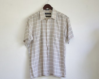 Vintage Van Heusen Shirt, 80s Mens Shirt, Mens Button Up Plaid Shirt, Short Sleeve Collared Shirt, 1980s Mens Shirt, Large XL XXL