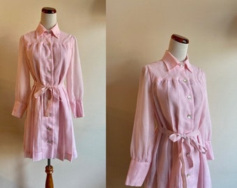 Vintage 60s Dress, Sheer Pink Dress, Button Down Pleated Dress, Long Sleeve Collared Dress, Medium
