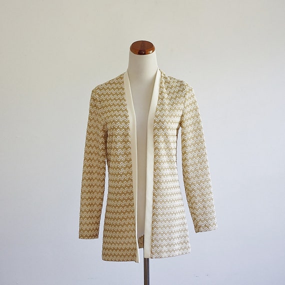 Vintage 70s Cardigan, Gold Metallic Knit Sweater,… - image 1