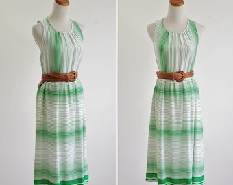 robe d’été rayée vintage, robe sans manches verte et blanche, robe de partie de jardin de ressort, robe de chiffon, petite