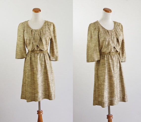 Vintage 40s 50s Dress, Metallic Gold Dress, 50s Pa