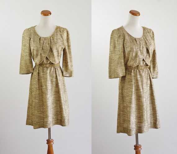 Vintage 40s 50s Dress, Metallic Gold Dress, 50s P… - image 1