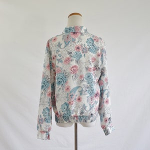 Vintage 80s Blouse, Blue & Pink Top, Metallic Floral with Polka Dots Blouse, Collared Blouse, Long Sleeve Blouse, Pullover Top, Large image 6