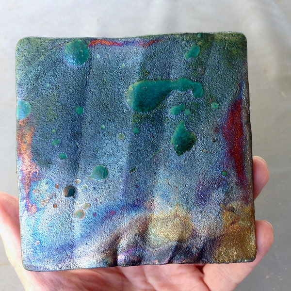 Raku Clay Tile "Monsoon #19" - Handmade, Clay, Ceramic, Pottery - Ceramic Fine Art - Wall Art - One of a Kind Gift - Home Decor - Tile Art