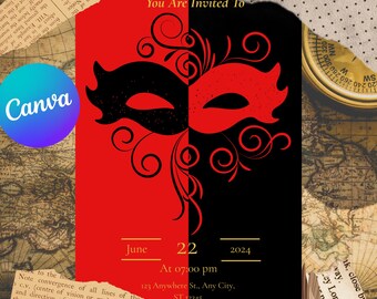 Masquerade Red & Black Invitation Template - Any Celebration - Editable Invite -  Party, Prom, Gala - Instant Download