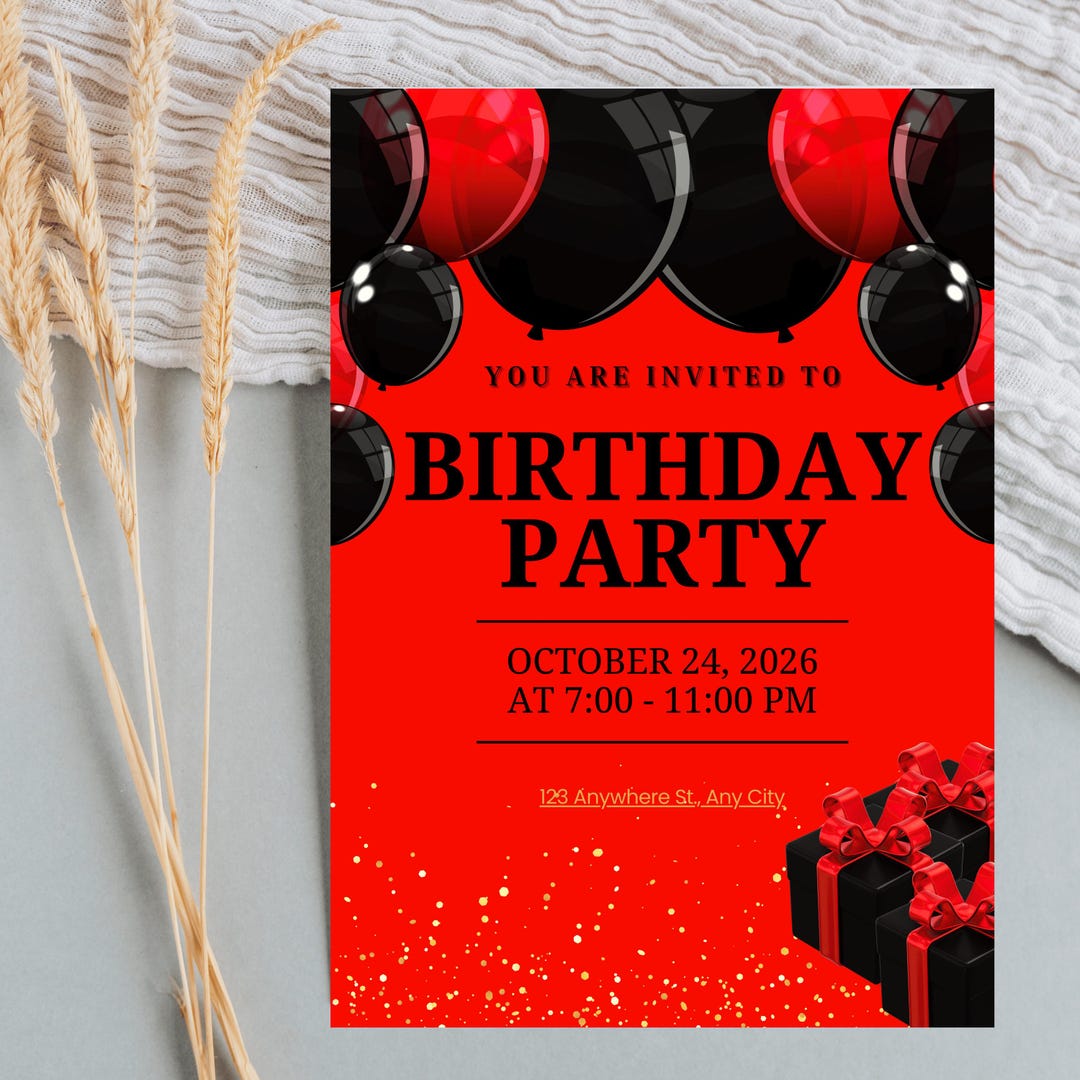 Red & Black Birthday Invitation – Canva Editable Template – Printable ...