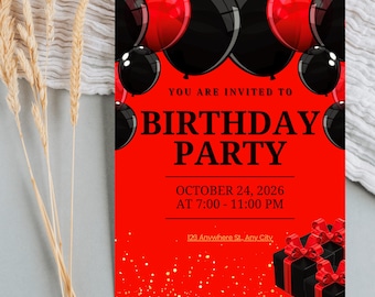 Red & Black Birthday Invitation – Canva Editable Template – Printable Invite