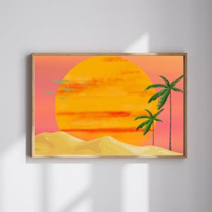 May include: A digital painting of a sunset with a large orange sun and two palm trees in the foreground. The sky is a gradient of pink and orange.