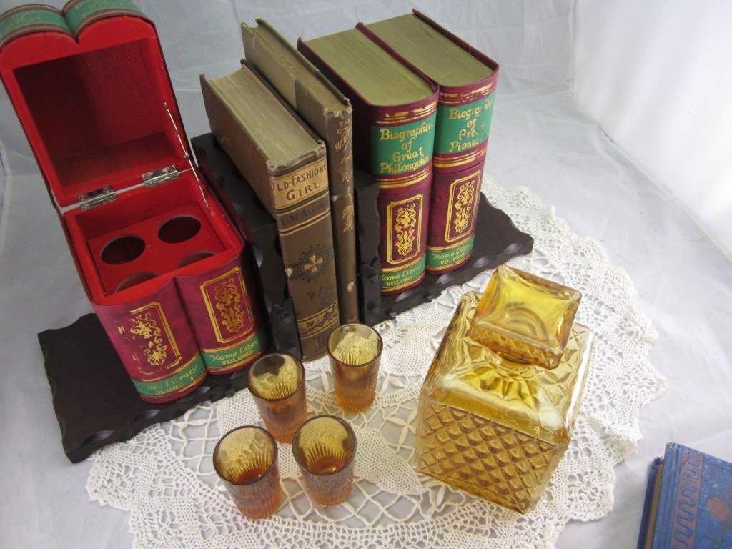 Vintage Book Ends Hidden Liquor Decanter & Shot Glasses Etsy