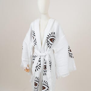 Handmade Evil Eye Muslin Kimono, Ethnic Kaftan, Dressing Gown, Organic Cotton Bathrobe,Bathrobe, Spa Robe, Morning Robe,  Beachwear Cover up