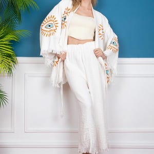 Handmade Evil Eye Muslin Kimono, Ethnic Kaftan, Dressing Gown, Organic Cotton Bathrobe,Bathrobe, Spa Robe, Morning Robe,  Beachwear Cover up