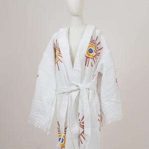 Handmade Evil Eye Muslin Kimono, Ethnic Kaftan, Dressing Gown, Organic Cotton Bathrobe,Bathrobe, Spa Robe, Morning Robe,  Beachwear Cover up