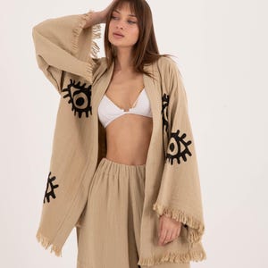 Handmade Evil Eye Muslin Kimono, Ethnic Kaftan, Dressing Gown, Organic Cotton Bathrobe,Bathrobe, Spa Robe, Morning Robe,  Beachwear Cover up