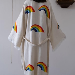 Handmade Evil Eye Muslin Kimono, Ethnic Kaftan, Dressing Gown, Organic Cotton Bathrobe,Bathrobe, Spa Robe, Morning Robe,  Beachwear Cover up
