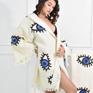 Handmade Evil Eye Muslin Kimono, Ethnic Kaftan, Dressing Gown, Organic Cotton Bathrobe,Bathrobe, Spa Robe, Morning Robe,  Beachwear Cover up
