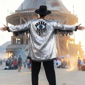 Men Silver Sequin Kimono with Third Eye Burning Man – Handmade Festival - Rave Jacket - Playa Robe - Tomorrowland - Ibiza - Tulum Clothing
