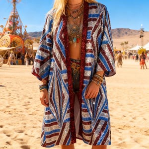 Burgundy Sequin Kimono Handmade – Geometric Festival Outfit, Burning Man Rave Clothing, Custom Made Boho Kimono - Tomorrowland - Duster