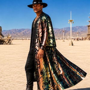 Men’s Iridescent Sequin Kimono, Burning Man Coachella Outfit, Handmade Rave Festival Clothing Party Duster Tulum Ibiza EDC EDM ADE