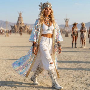Pink Iridescent Sequin Kimono - Festival Clothing - Gold Trim Duster - Burning Man Outfit - Women’s Kimono - Rave EDC Tulum Tomorrowland