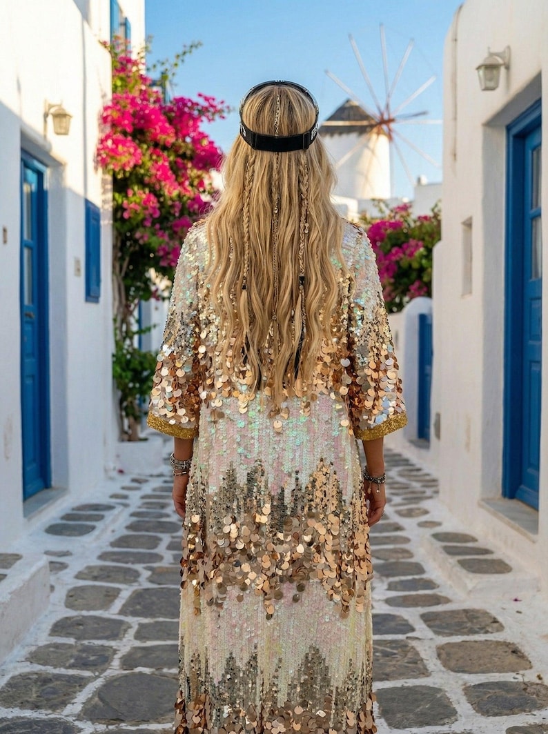 May include: A person wearing a long, sequined robe with gold and iridescent sequins, standing in a cobblestone alley. The robe has a gold trim and is paired with a black headband. The background includes white buildings, blue doors, and pink flowers.