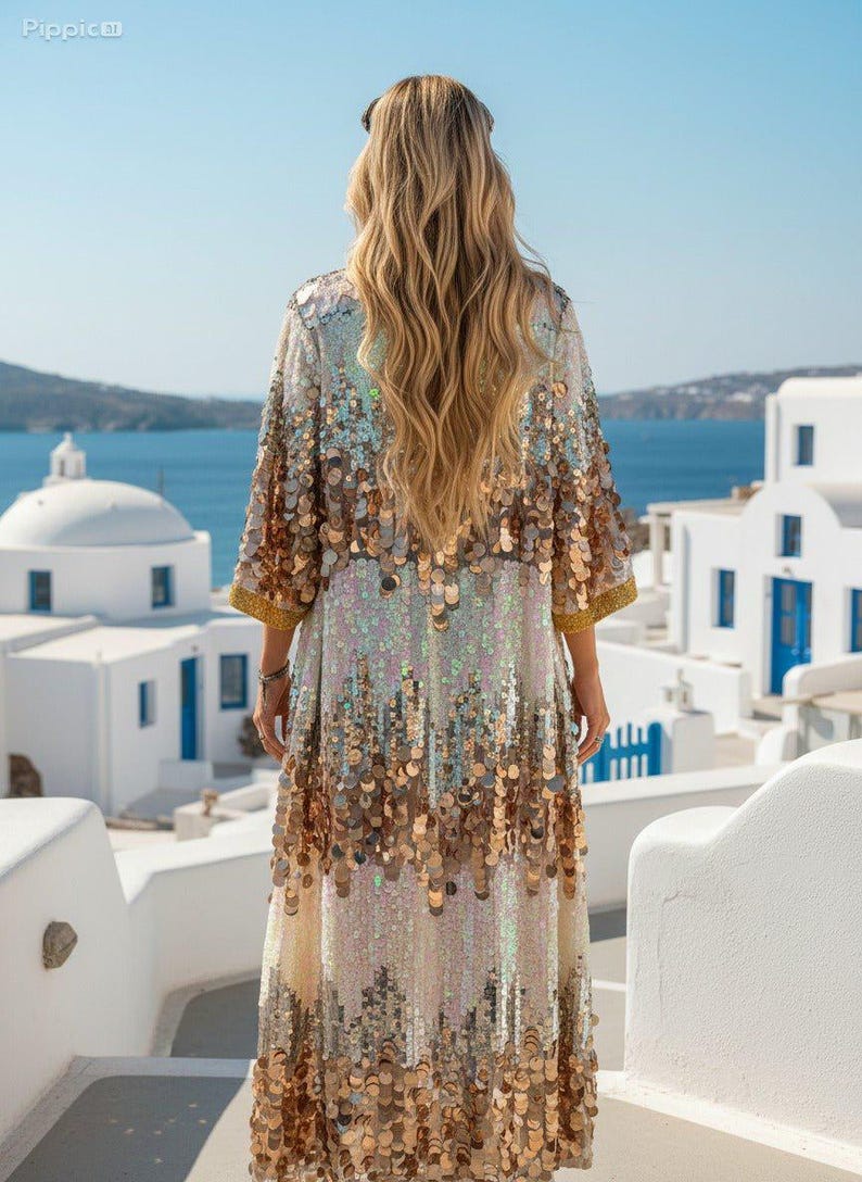 May include: A long, shimmering sequin dress with a gradient of colours from silver to gold. The dress has three-quarter sleeves with gold trim and is worn outdoors with a scenic background of white buildings and blue water.