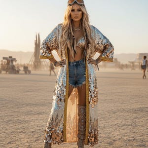 May include: A woman in a desert setting wears a sequined, gold-trimmed robe over a matching bra top and denim shorts. She also wears embellished boots and goggles. The outfit is accessorized with jewellery.