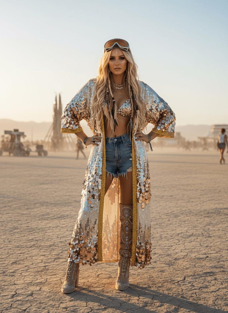 May include: A woman in a desert setting wears a sequined, gold-trimmed robe over a matching bra top and denim shorts. She also wears embellished boots and goggles. The outfit is accessorized with jewellery.