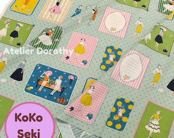 Könnte beinhalten: Stoff mit einem sich wiederholenden Muster aus Vintage-Illustrationen von Frauen in Kleidern und Hüten, vor einem hellgrünen Hintergrund mit weißen Punkten. Der Stoff enthält die Texte "Atelier Dorothy" und "KoKo Seki".