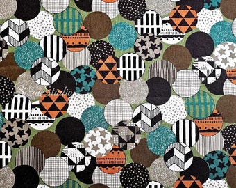 Japanese Cotton Linen Canvas Fabric: Vibrant Circles Print, Green - by the yard