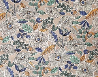 1 yard, Japanese fabric - Botanical flower, Beige, Yellow leaf - Linen Blend Canvas
