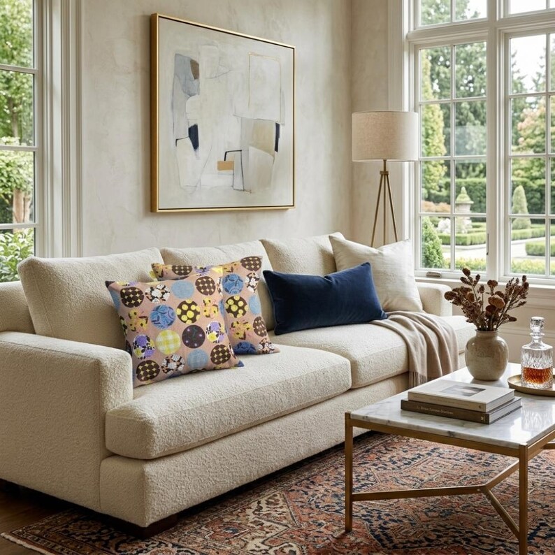 K&ouml;nnte beinhalten: Ein cremefarbenes, strukturiertes Sofa mit zwei quadratischen Kissen mit buntem Punktemuster, einem einfarbigen marineblauen rechteckigen Kissen und einem schlichten cremefarbenen Kissen. Ein Couchtisch mit Marmorplatte steht davor.