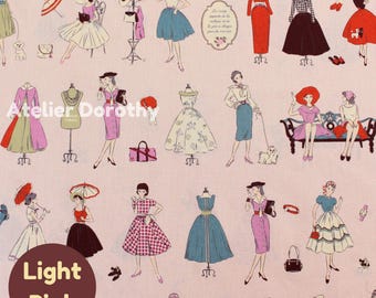 Japanese Cotton Fabric: Koko Seki Retro 70s Girls Print, Light Pink - by the yard