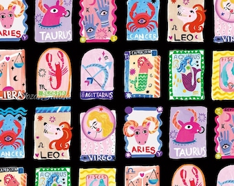 Può includere: Uno sfondo nero presenta illustrazioni colorate dei segni zodiacali. Ogni segno è raffigurato con un'opera d'arte unica e il nome del segno. L'immagine include il testo "Cutting direction" nella parte superiore.
