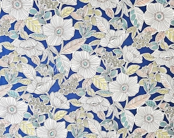 1 Yard Japanese fabric - Botanical flower, Blue - Linen Blend Canvas