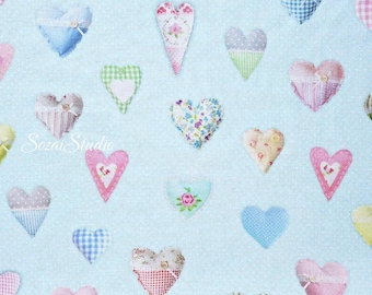 Light Blue Heart Pattern Cotton Canvas Fabric: Digital Print - by the yard
