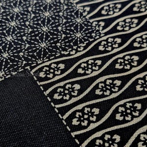 May include: A black fabric featuring a white printed pattern. One section displays a dense geometric star-like design, while the adjacent section shows diagonal wavy lines filled with small floral motifs. The text SozaiStudio is visible.