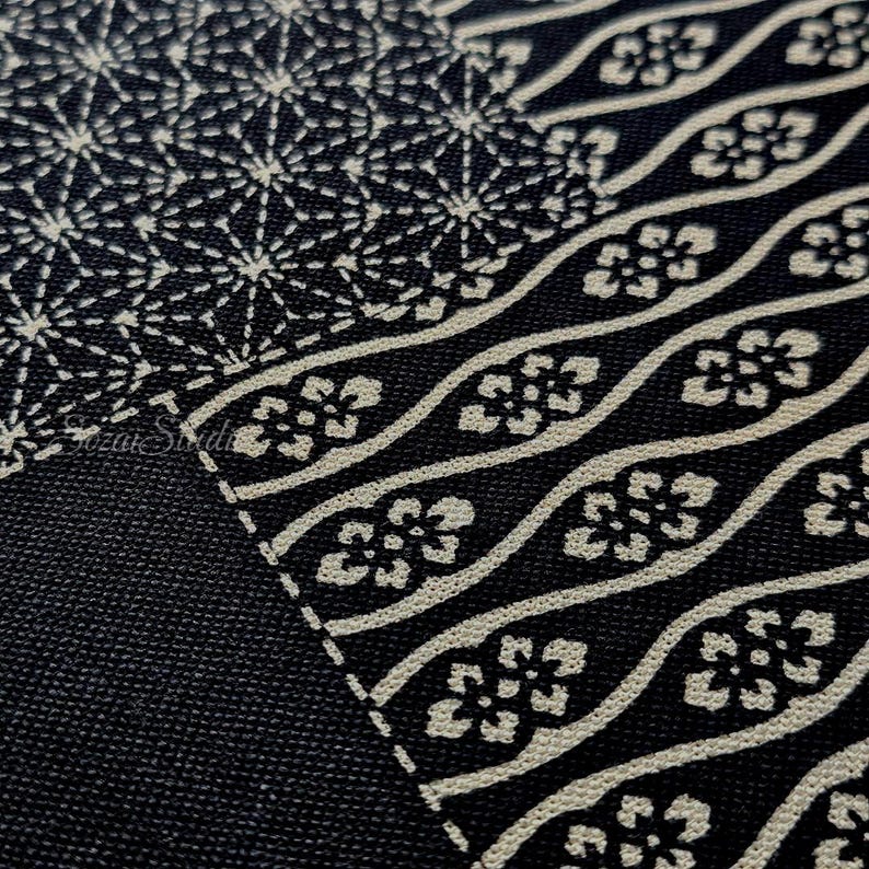 May include: A black fabric featuring a white printed pattern. One section displays a dense geometric star-like design, while the adjacent section shows diagonal wavy lines filled with small floral motifs. The text SozaiStudio is visible.