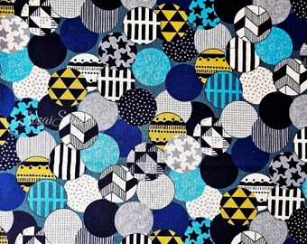 Japanese Cotton Linen Canvas Fabric: Vibrant Circles, Blue, by the yard