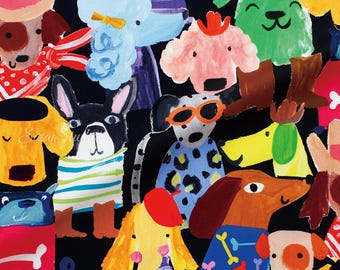 Può includere: Tessuto nero con un motivo colorato e stravagante di varie razze di cani. I cani sono raffigurati in stile cartone animato, con accessori come cappelli e occhiali da sole. Il testo "B ブラック" è visibile in basso a sinistra.
