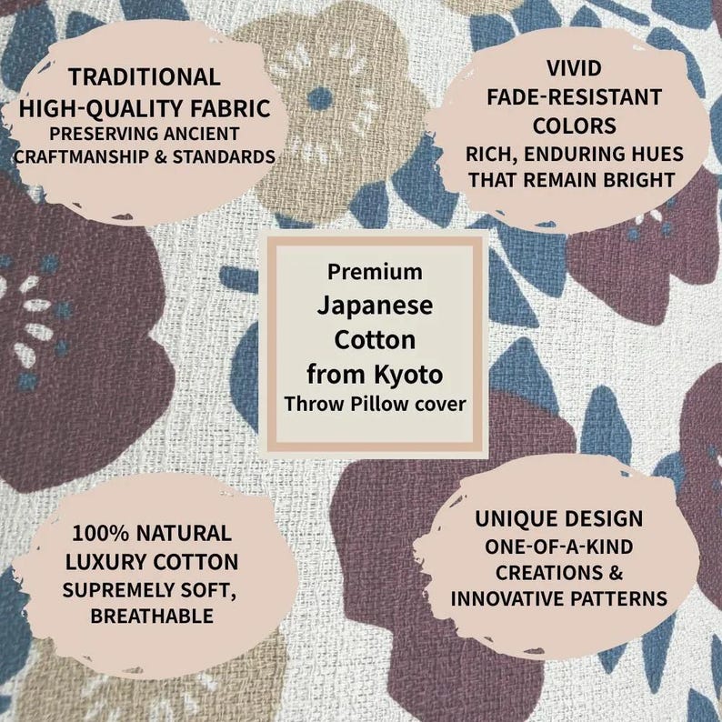 May include: A throw pillow cover made of Japanese cotton featuring a floral pattern in shades of dark purple, blue, and beige. The text reads: Premium Japanese Cotton from Kyoto Throw Pillow cover, Traditional high-quality fabric, Vivid fade-resistant colors, 100% natural luxury cotton, and Unique design.