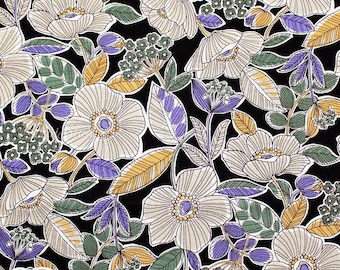 Japanese fabric - Botanical flower, Black - Linen Blend Canvas, by the yard