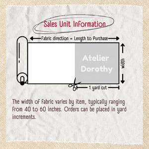 May include: An informational graphic titled Sales Unit Information showing a fabric roll with a 1 yard cut. Text indicates fabric direction, width, and that width varies from 40 to 60 inches. The brand name Atelier Dorothy is visible.