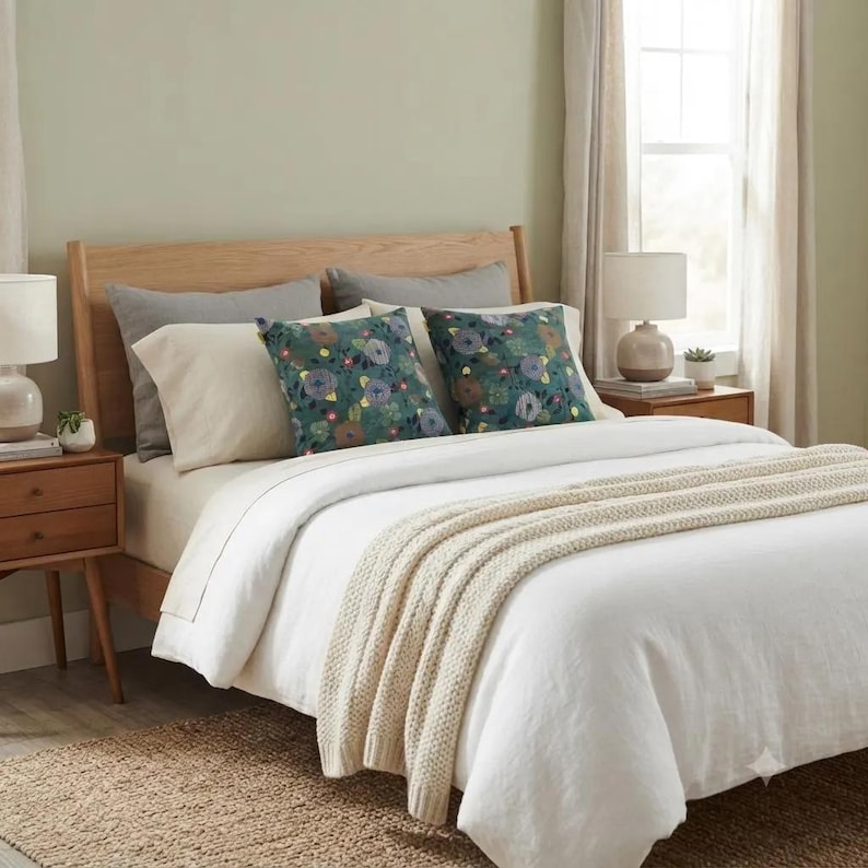 May include: A bed featuring a white duvet cover, a cream-colored knit throw blanket, and two square throw pillows with a dark teal floral pattern. The bed is styled with two solid gray pillows and two solid cream pillows against a wooden headboard.