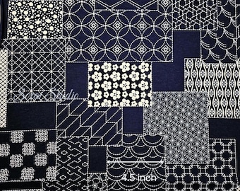 Tessuto giapponese - serie Takumi, motivi geometrici Sashiko, blu navy - lenzuola 100% cotone, tagliate su misura