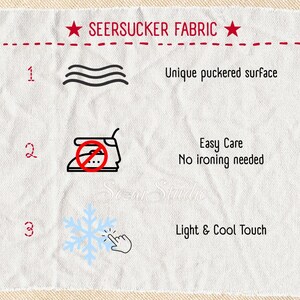 May include: White fabric swatch with the text "SEERSUCKER FABRIC" in red. The swatch highlights the fabric's unique puckered surface, easy care, and light, cool touch. Includes illustrations of waves, an iron with a red slash, and a snowflake.