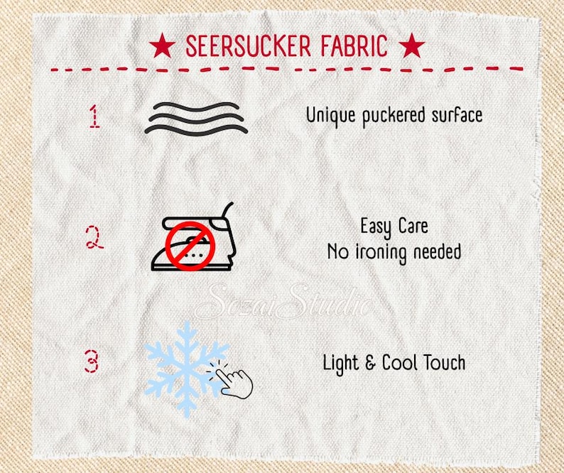 May include: White fabric swatch with the text "SEERSUCKER FABRIC" in red. The swatch highlights the fabric's unique puckered surface, easy care, and light, cool touch. Includes illustrations of waves, an iron with a red slash, and a snowflake.