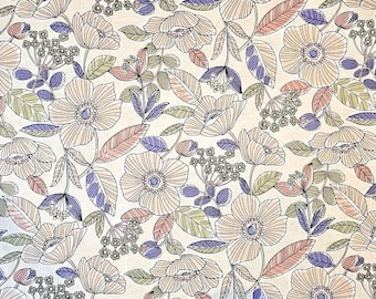 1 Yard Japanese fabric - Botanical flower, Beige, Pink leaf - Linen Blend Canvas