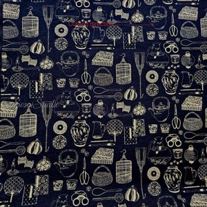 Japanese fabric - Traditional Household Items, Denim Blue - 100% Cotton Sheeting, by half yard
