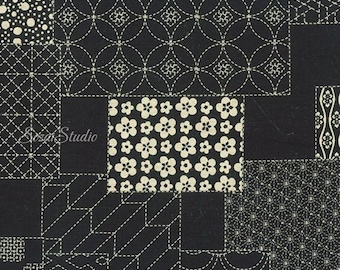 1 Yard Japanese Takumi fabric, Sashiko Patterns, Black - 100% cotton