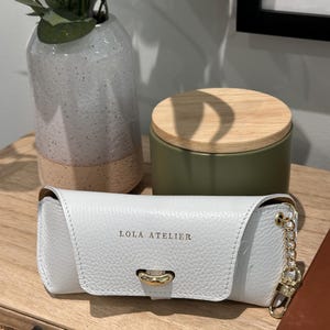 Genuine Leather Eyeglass Case with Chain & Clip. Handmade in Italy Soft Protective Pouch White – Elegant Unisex Accessory and Gift for Her